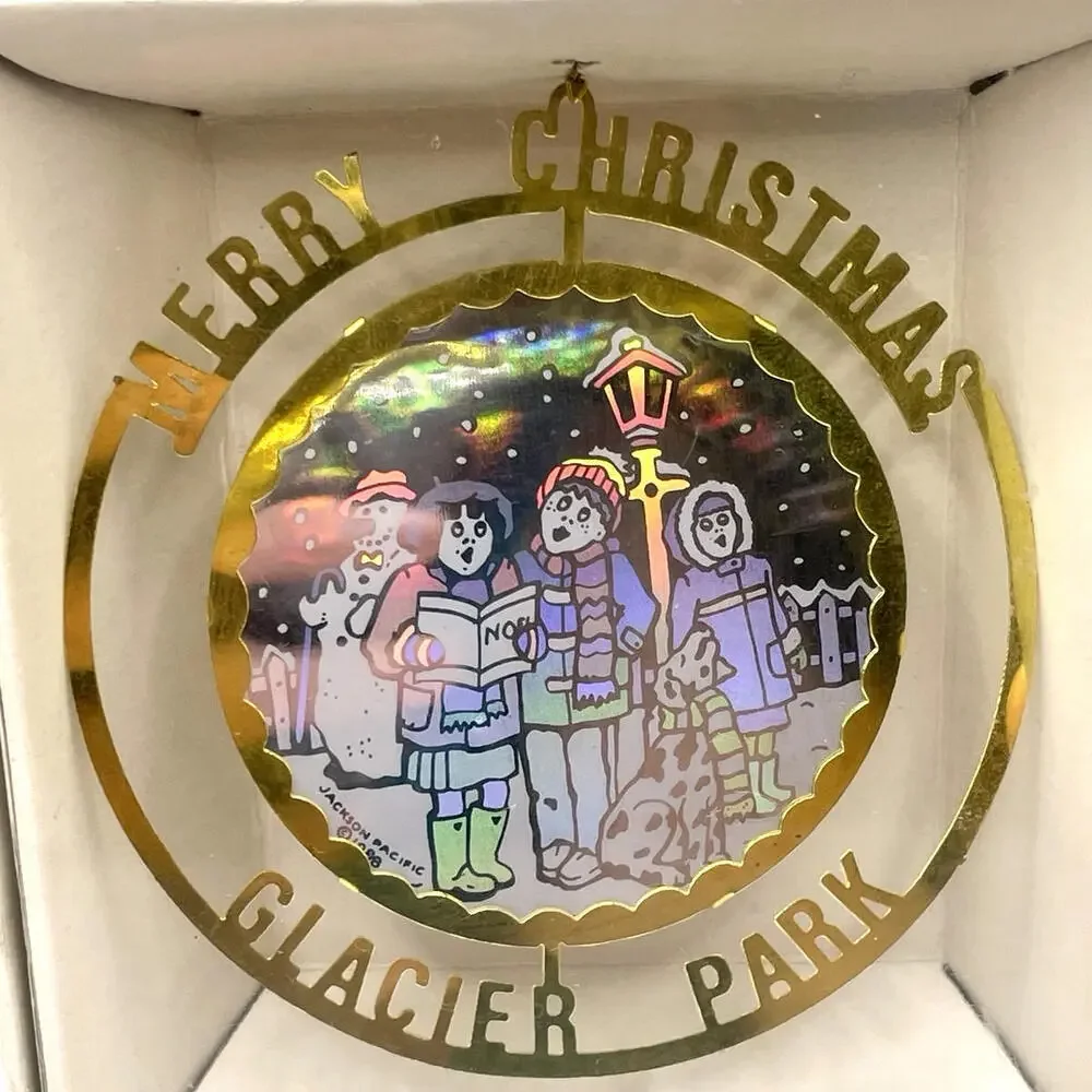 GLACIER PARK Brass Cut Out Carolers Hologram Christmas‎ Ornament Vintage